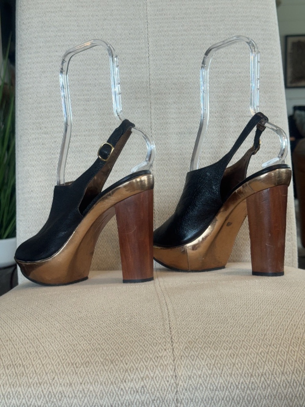 Sergio Zelcer Black and Metallic Gold Wood-Platform Slingbacks